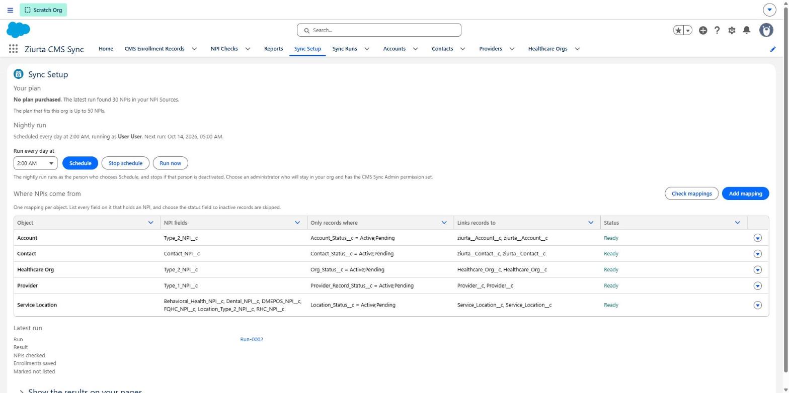 The Sync Setup tab, showing where NPIs come from and the current plan